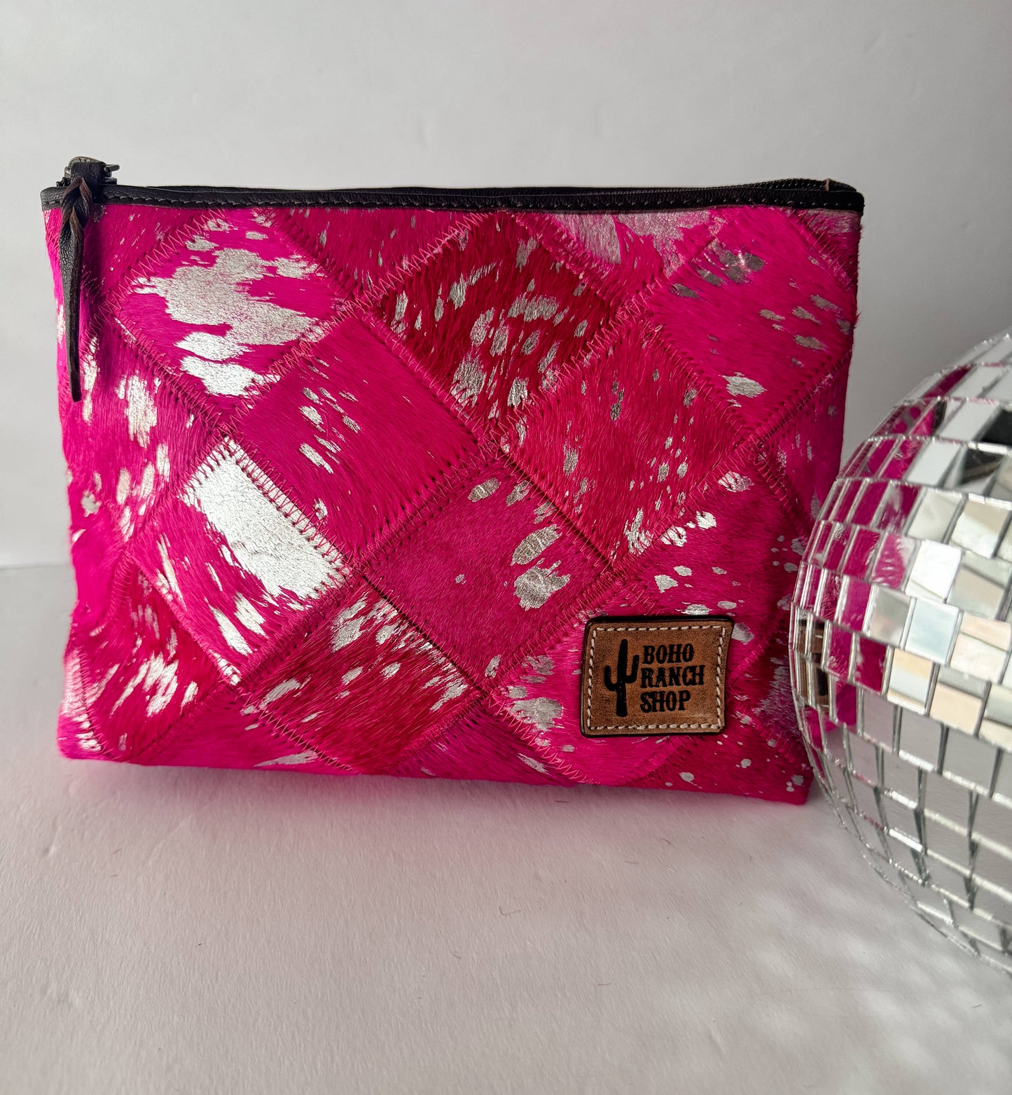 Western Cowhide Makeup Bag Travel: WHITE + GOLD