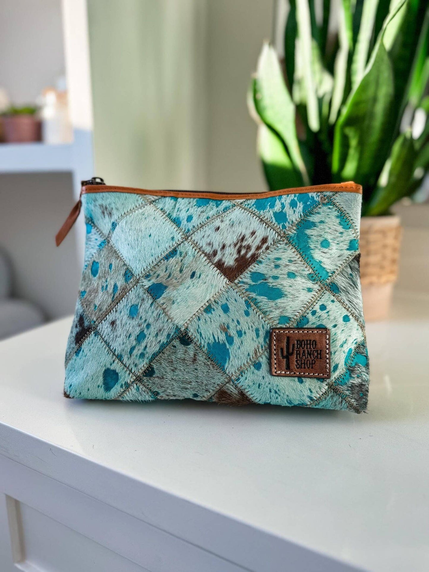 Western Cowhide Makeup Bag Travel: WHITE + GOLD