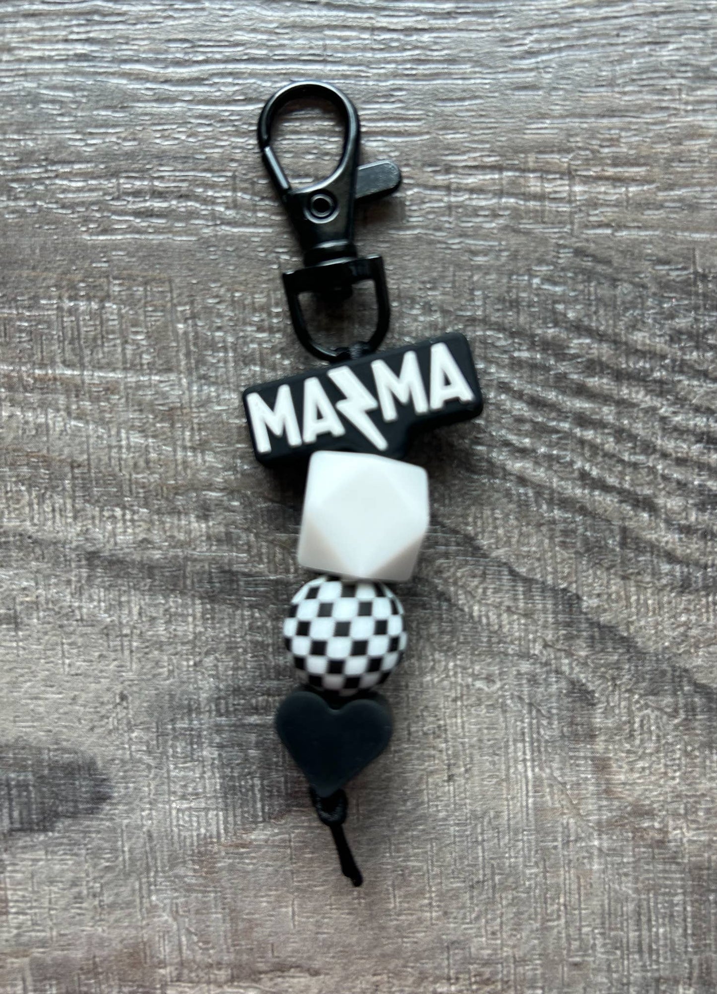 Lightening Bolt MAMA Silicone Beaded Keychain Purse Charm: Black