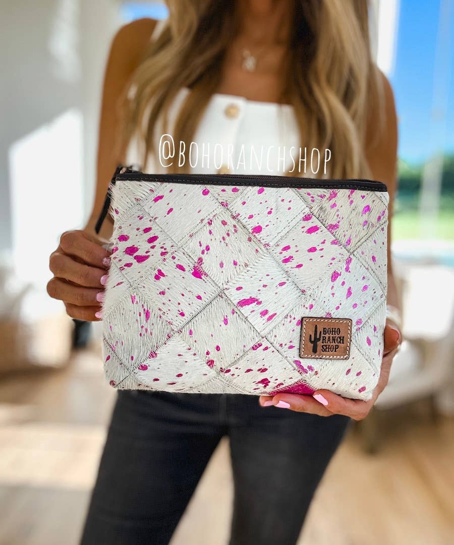Western Cowhide Makeup Bag Travel: WHITE + GOLD