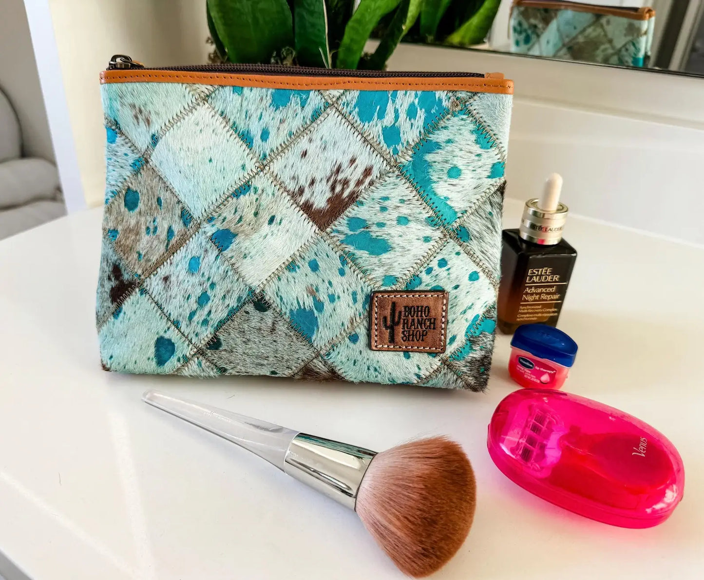 Western Cowhide Makeup Bag Travel: WHITE + GOLD