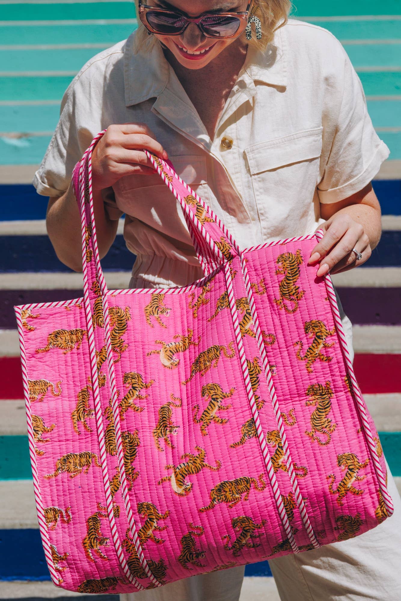 Quilted Tote Bag | Pink Tiger Tote | Large Shopping Tote Bag