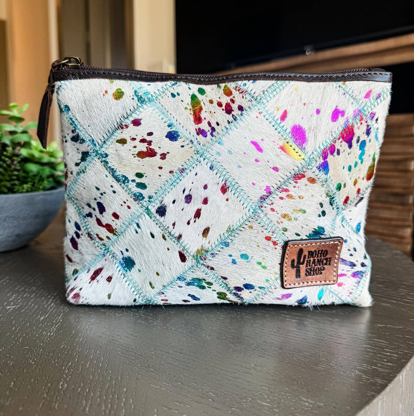 Western Cowhide Makeup Bag Travel: WHITE + GOLD