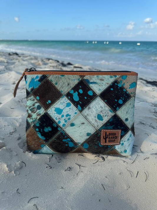 Western Cowhide Makeup Bag Travel: BROWN + TURQUOISE
