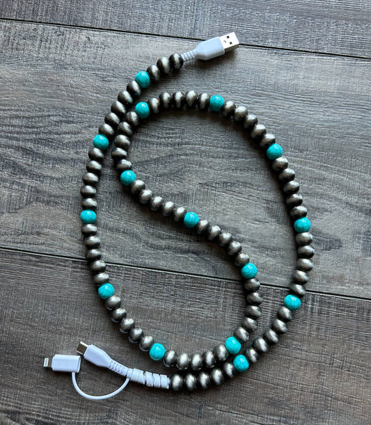 Turquoise Beaded Phone Charger with Lightning & USB-C