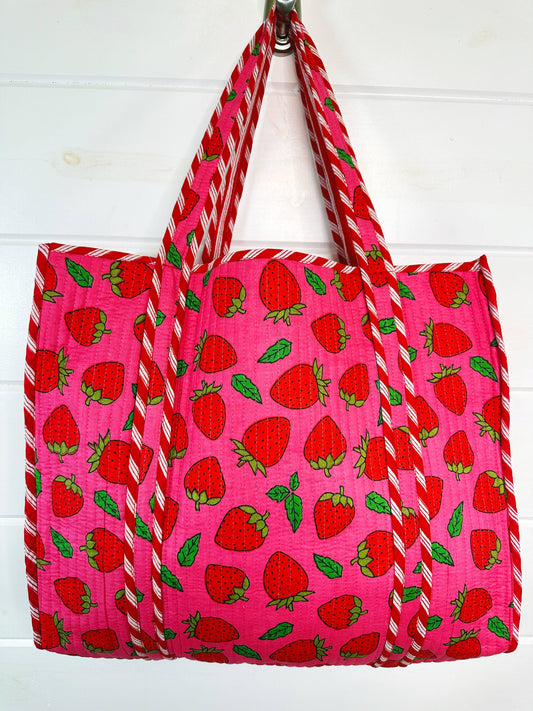 Quilted Tote Bag | Pink Strawberry Bag | Large Shopping Tote