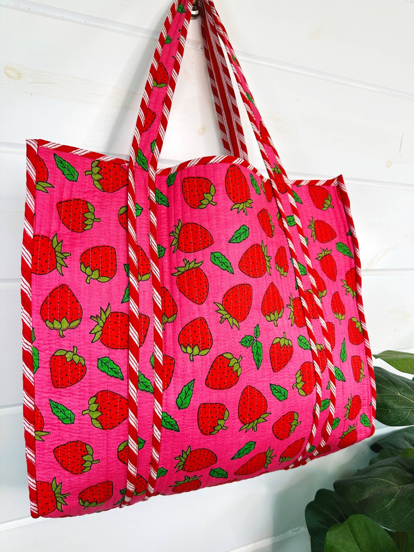 Quilted Tote Bag | Pink Strawberry Bag | Large Shopping Tote