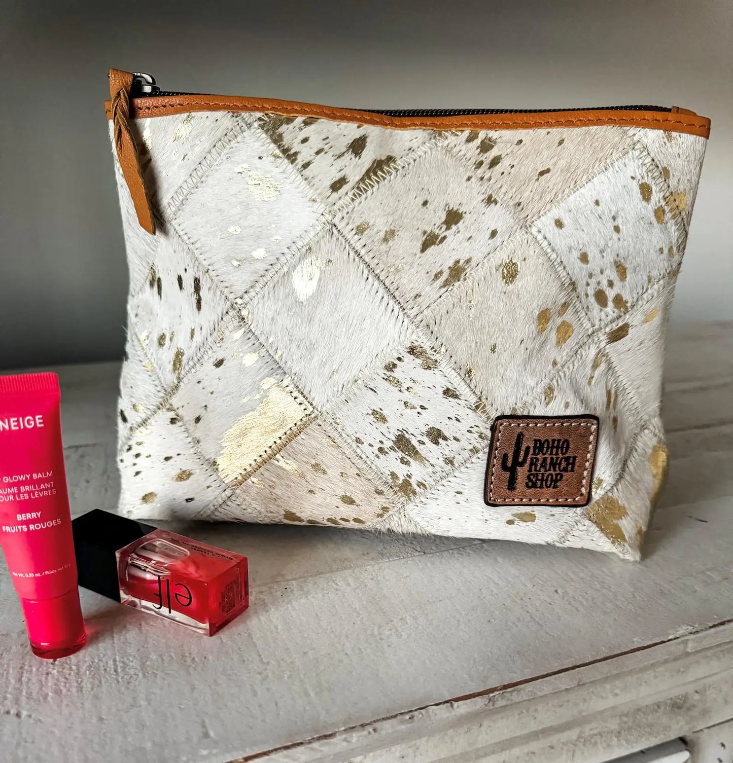 Western Cowhide Makeup Bag Travel: WHITE + GOLD