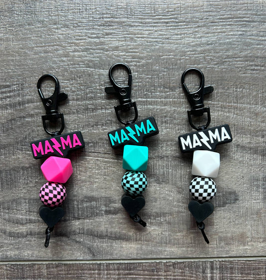 Lightening Bolt MAMA Silicone Beaded Keychain Purse Charm: Black