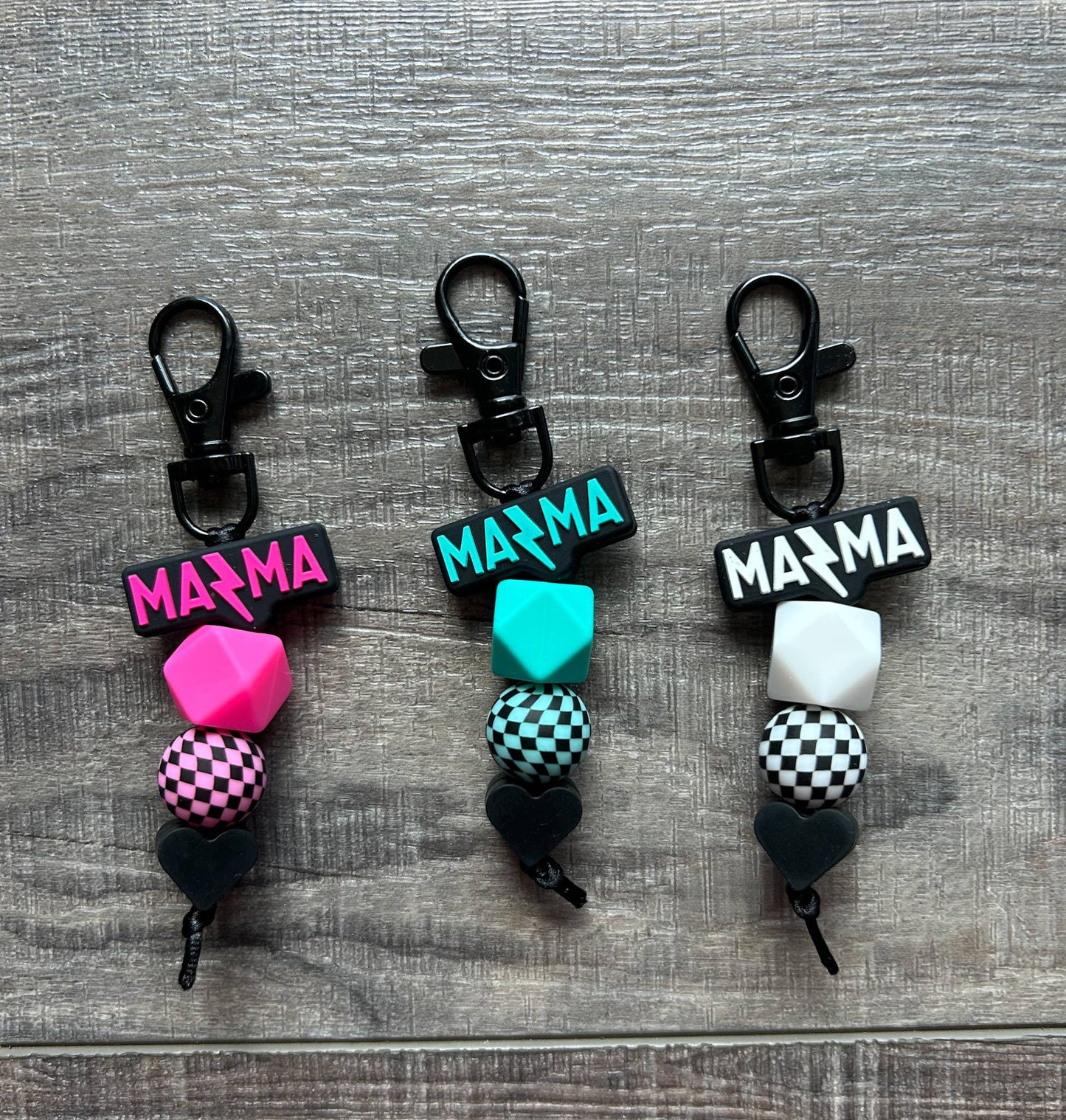 Lightening Bolt MAMA Silicone Beaded Keychain Purse Charm: Pink