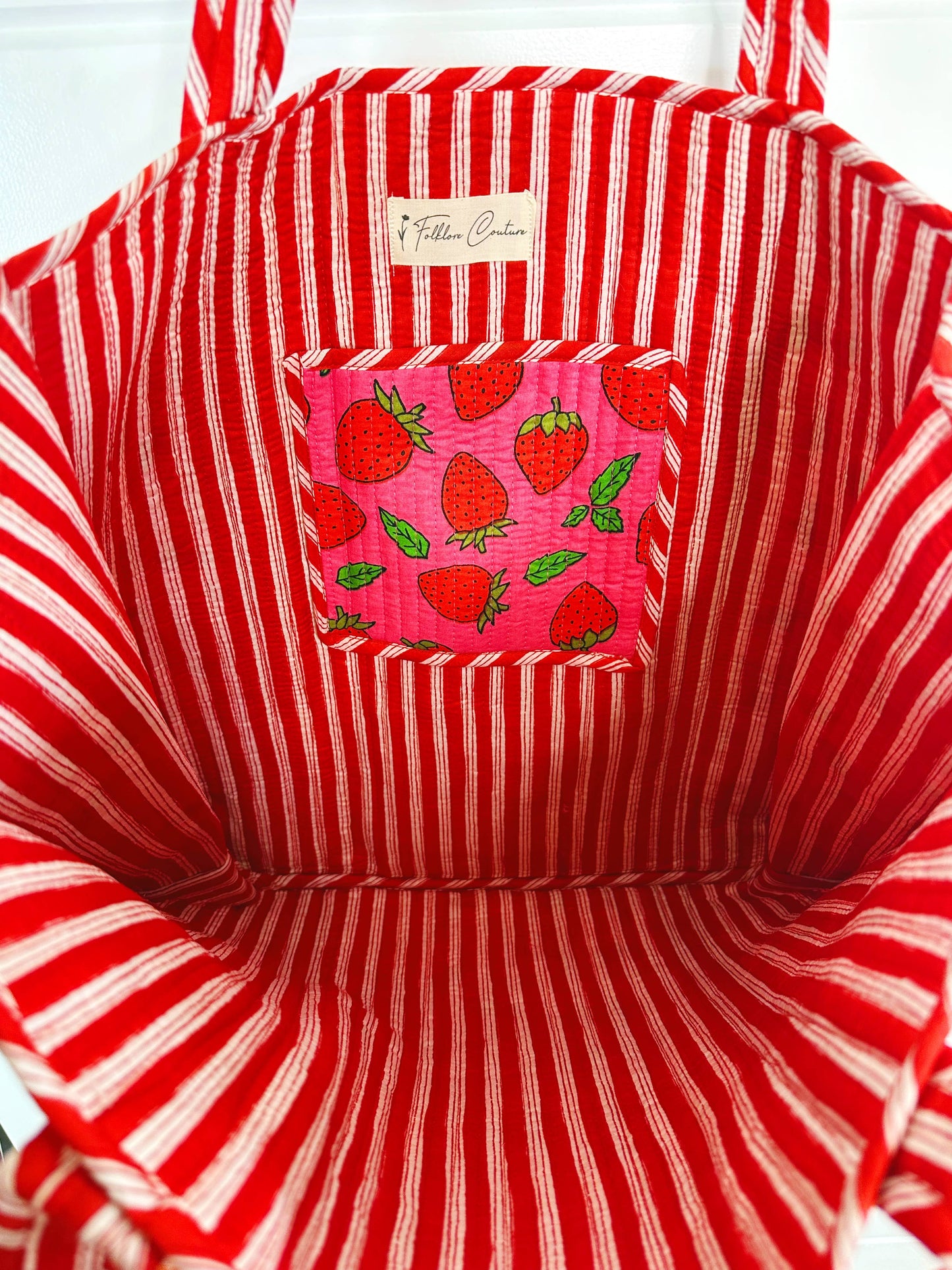 Quilted Tote Bag | Pink Strawberry Bag | Large Shopping Tote