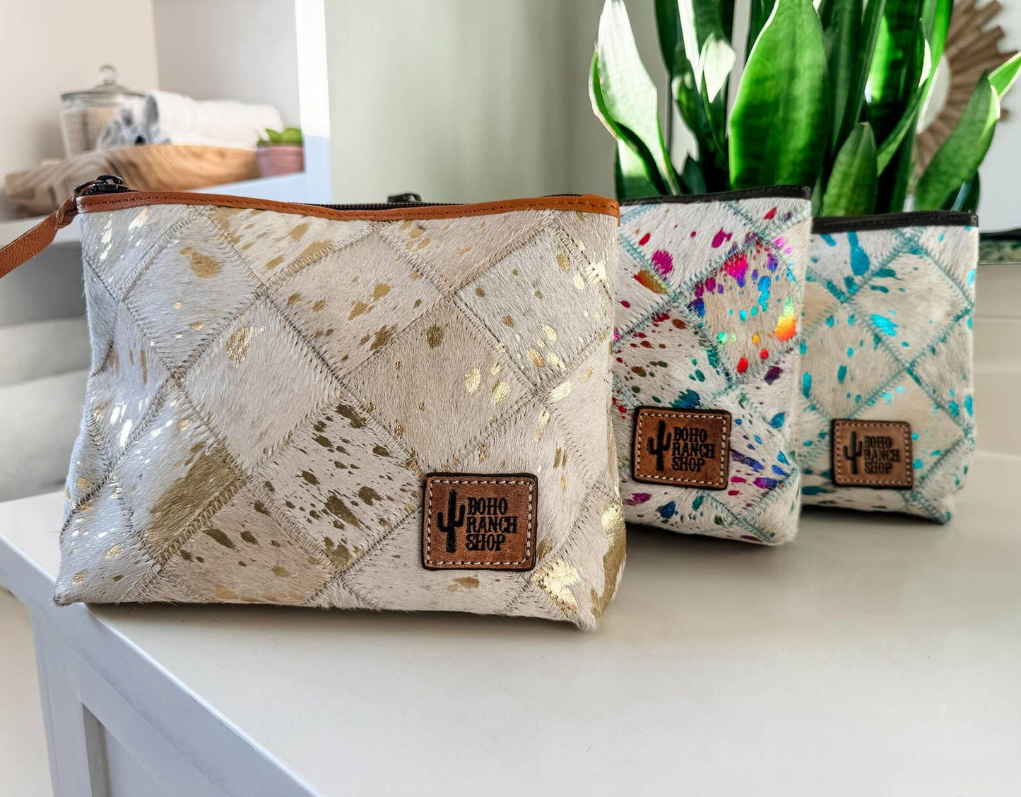 Western Cowhide Makeup Bag Travel: WHITE + GOLD