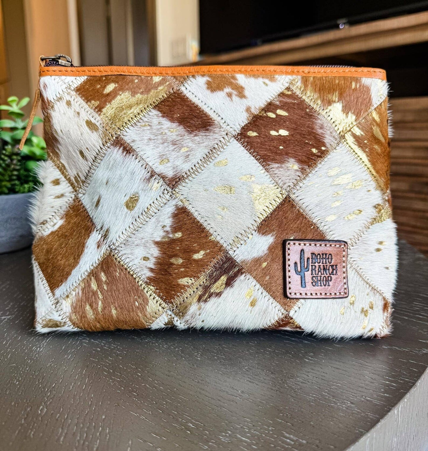 Western Cowhide Makeup Bag Travel: WHITE + GOLD