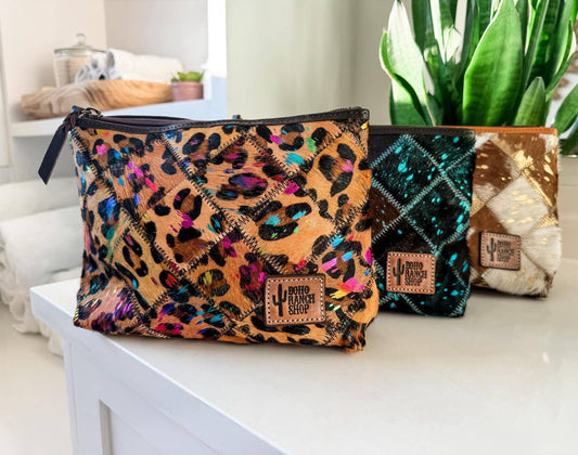Western Cowhide Makeup Bag Travel: WHITE + GOLD