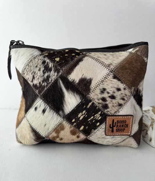 Western Cowhide Makeup Bag Travel: BROWN + WHITE
