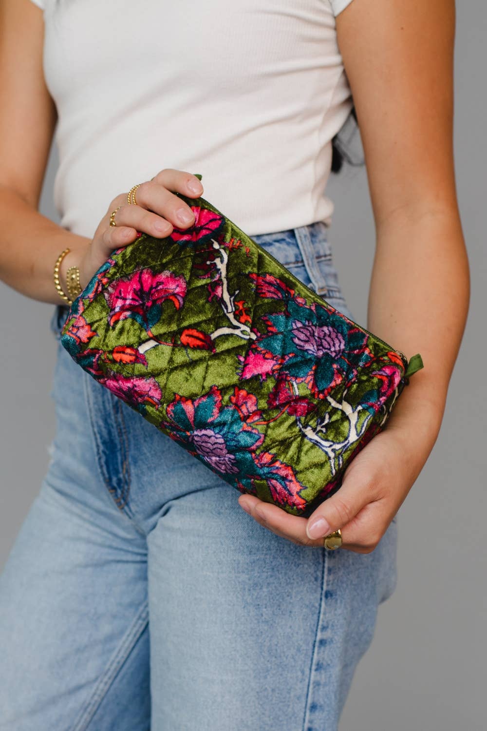 Olive & Multicolored Floral Travel Pouch